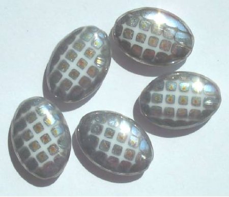 5 20x14mm Czech Glass Flat Oval Peacock Beads - White with Marea Grid