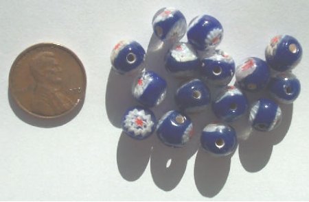 15 8mm Round Dark Blue with Red White Millefiore