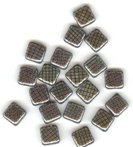 20 8x8mm Czech Flat Square Peacock Beads - Jet Marea