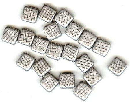 20 8x8mm Czech Flat Square Peacock Beads - Matte Grey and Black Grid