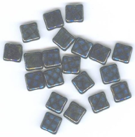 20 8x8mm Czech Flat Square Peacock Beads - Metallic Dark Blue and Grey Grid