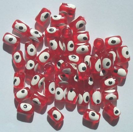 50 8x6mm Acrylic Transparent Red Evil Eye Barrel Beads