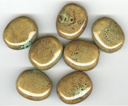7 28x24x14mm Ceramic Pinched Oval Green Brown Beads