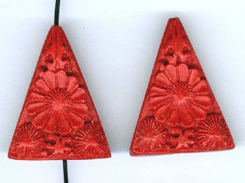 2 29x23x8mm Red Cinnabar Floral Triangles