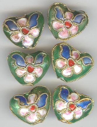 6 13mm Green Cloisonné Hearts
