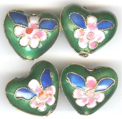 4 14x16mm Green Cloisonné Hearts