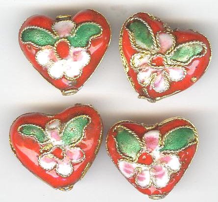 4 14x16mm Red Cloisonné Hearts
