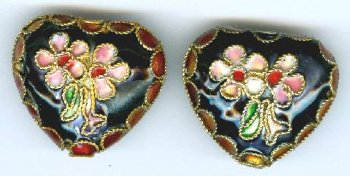 2 20x22mm Black Cloisonné Heart Beads