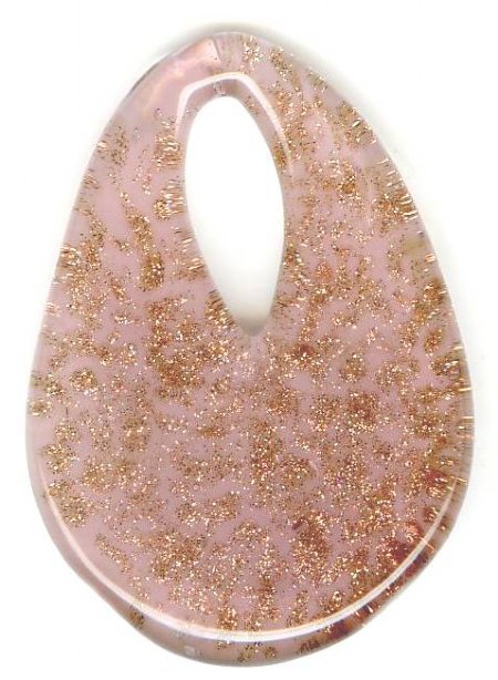 1 50x37x8mm Rose Pink & Gold Foil Open Teardrop Lampwork Pendant