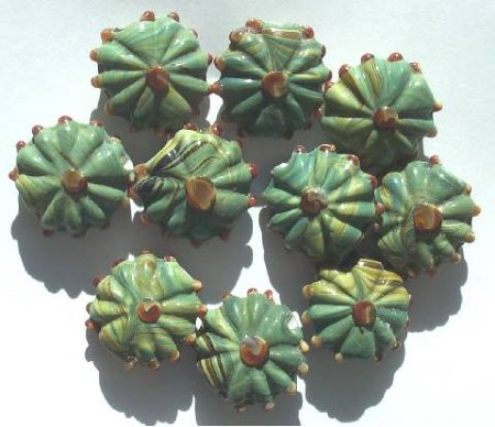 10 20x9mm Green and Yellow Lampwork Flowers