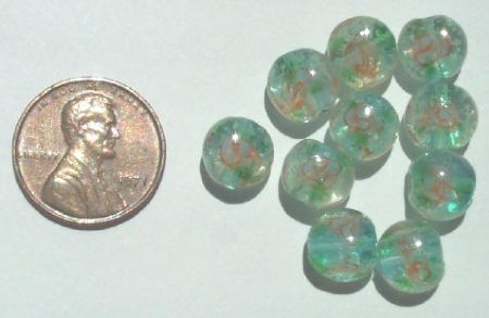 10 9x6mm Aqua with Flower Lampwork Disks