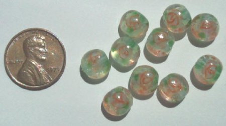 10 9x6mm Green with Flower Lampwork Disks
