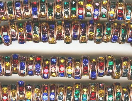 10 8mm Antique Copper Rondelles with Multi Jewel Tone Rhinestones