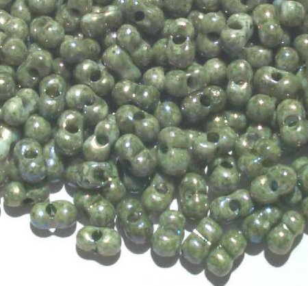 25 grams of 3x7mm Marble Green Lustre Farfalle Seed Beads