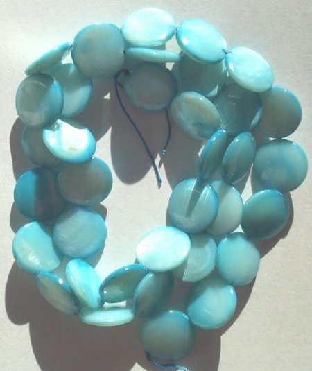 16 inch strand of 10mm Light Blue Mother of Pearl Disks