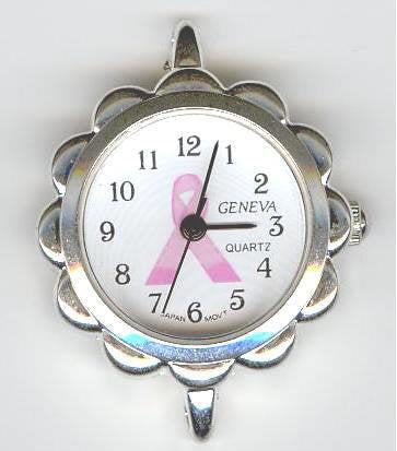 1 33x30mm Watch Face Two Loop Round Silver Tone Scalloped with White Face, Hearts, and Pink Ribbon