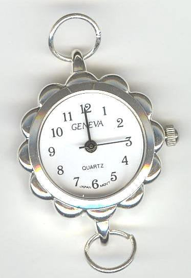 1 33x30mm Watch Face Two Loop Silver Tone with White Face and Scalloped Edge