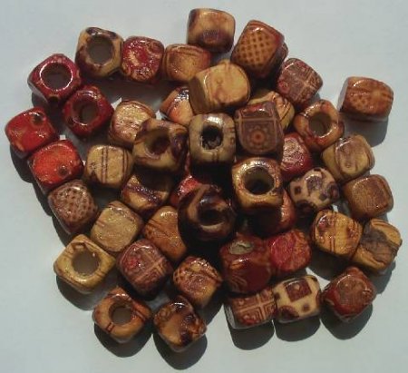 50 10x11mm (6mm Hole) Patterned Cube Wood Beads