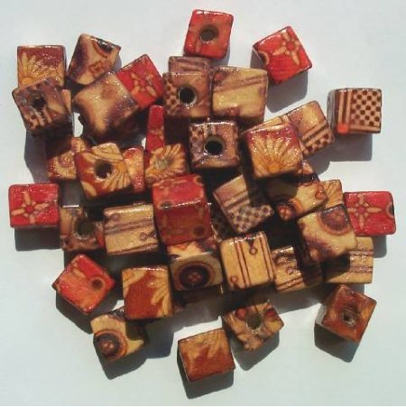 50 10x9mm (3.5mm Hole) Patterned Cube Wood Beads