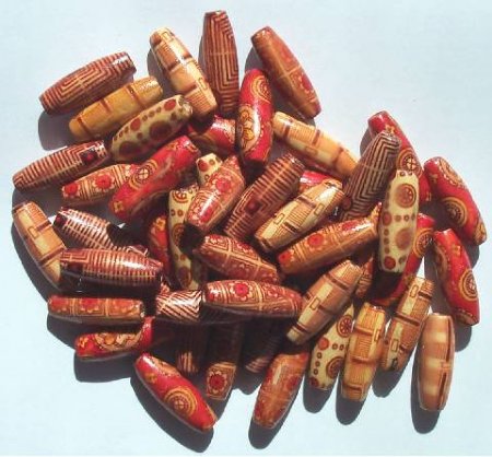 50 22x8mm (3mm Hole) Patterned Oval Wood Beads
