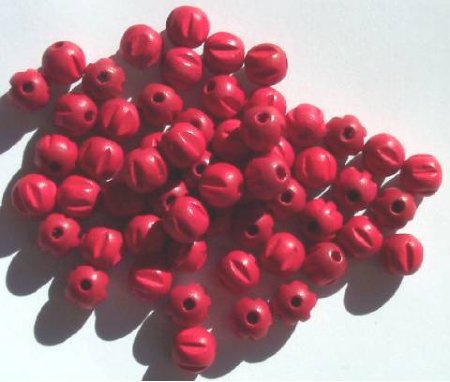 50 8mm Red Ridged Round Wood Beads