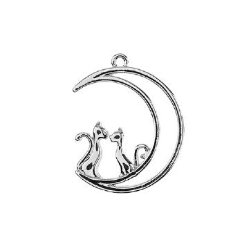 1, 26x21mm Beadwork Silver Plated Moon with Cats Pendant / Link