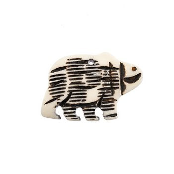 1, 23x32mm Carved White with Burnt Markings Walking Bear Worked on Bone Pendant