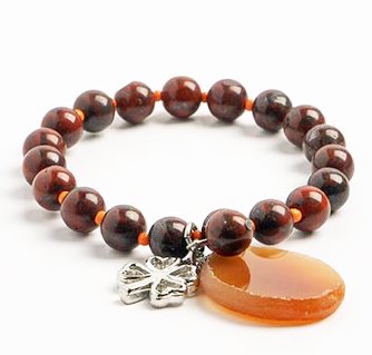 Red Jasper Round Stretch Bracelet with Antique Silver Clover Charm and Agate Slice