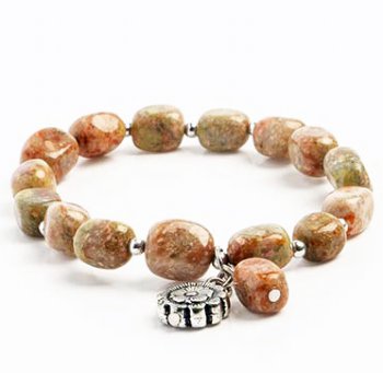 Unakite Nugget Stretch Bracelet with Antique Silver Flower Charm