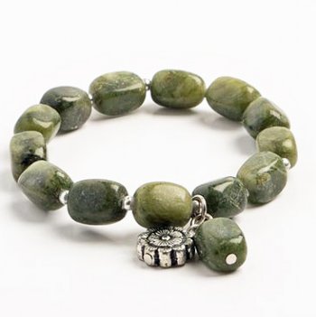 New Jade Nugget Stretch Bracelet with Antique Silver Flower Charm