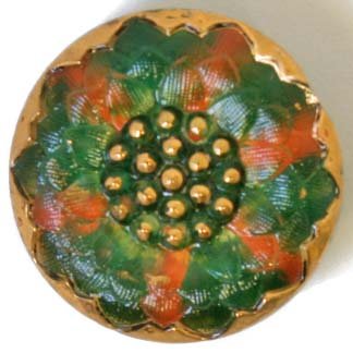 1 22mm Green & Orange Glass Flower Button with Gold