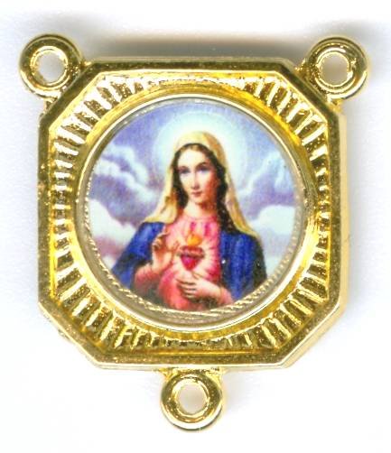 1 18x14mm Square Gold 3 Ring Immaculate Heart and Mary Connector