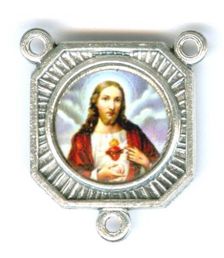 1 18x14mm Square Antique Silver 3 Ring Sacred Heart and Jesus Connector