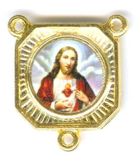 1 18x14mm Square Gold 3 Ring Sacred Heart and Jesus Connector