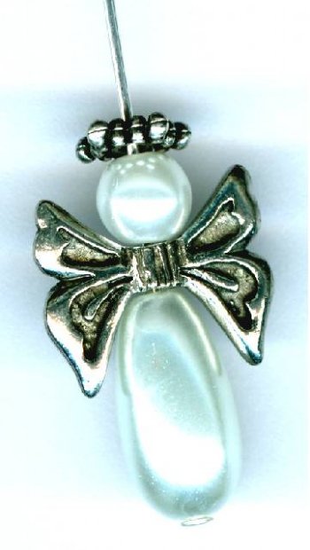 Set of 2 Czech Glass Pearl and Antique Silver Angels with Bow Wings