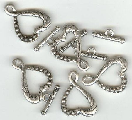 5 26x18mm Antique Silver Heart  Toggle Clasps