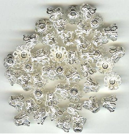 50, 7x5mm Silver Filigrae Bell Bead Caps