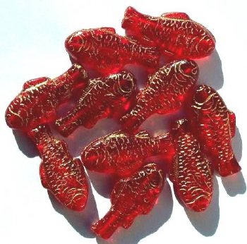 10 28x13mm Red and Gold Fish Beads