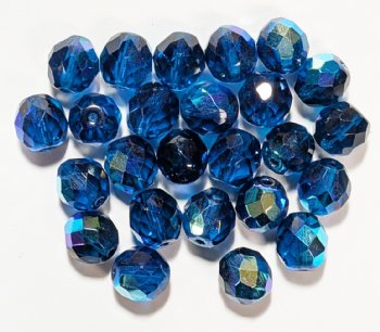25 10mm Faceted Round Transparent Dark Aqua AB Beads