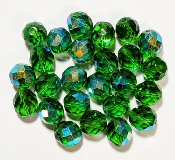 25 10mm Faceted Round Transparent Green AB Beads