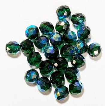 25 10mm Faceted Round Transparent Kelly Green AB Beads