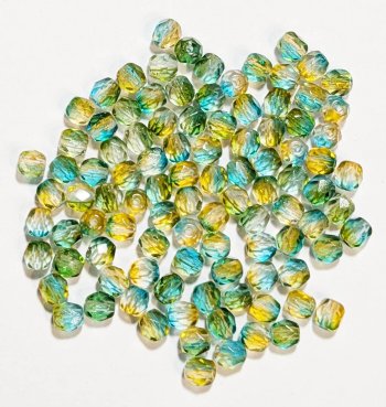 100 4mm Faceted Crystal, Green, & Topaz Firepolish Beads