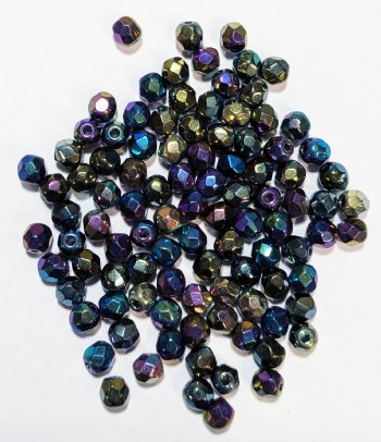 100 4mm Faceted Jet Full Iris Firepolish Beads
