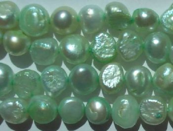 FWP 16inch Strand of 8mm Soft Green Flat Potato Freshwater Pearls