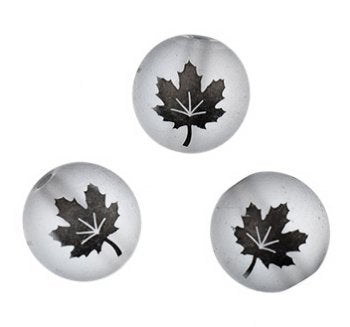 19, 10mm Round Matte Transparent Grey Beads with Matte Black Maple Leaf