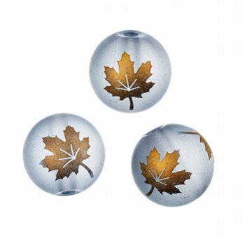19, 10mm Round Matte Transparent Grey Beads with Metallic Gold Maple Leaf