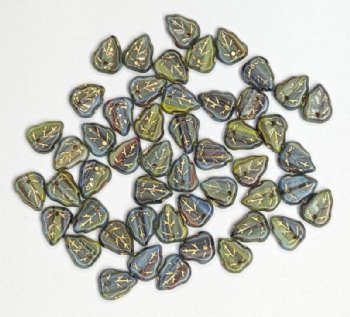 50 10x8mm Green, Blue and Gold Marble Pendant Drilled Leaf Beads