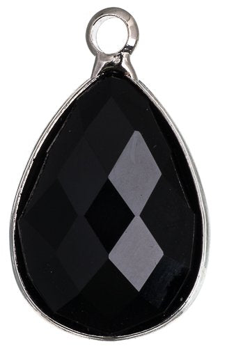 1, 18x13mm Faceted Jet Glass Teardrop Pendant in Rhodium Setting