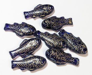 10 28x13mm Cobalt & Gold Glass Fish Beads