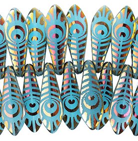 10, 5x16mm Blue Gold AB Lazer Etched Dagger Beads with Peacock Feather Pattern